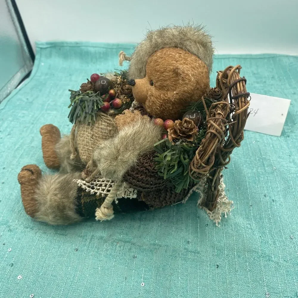 Vtg Bear Figurine Dressed for Winter With Bag, And Skis, Wood Resin Cloth 6” Sit